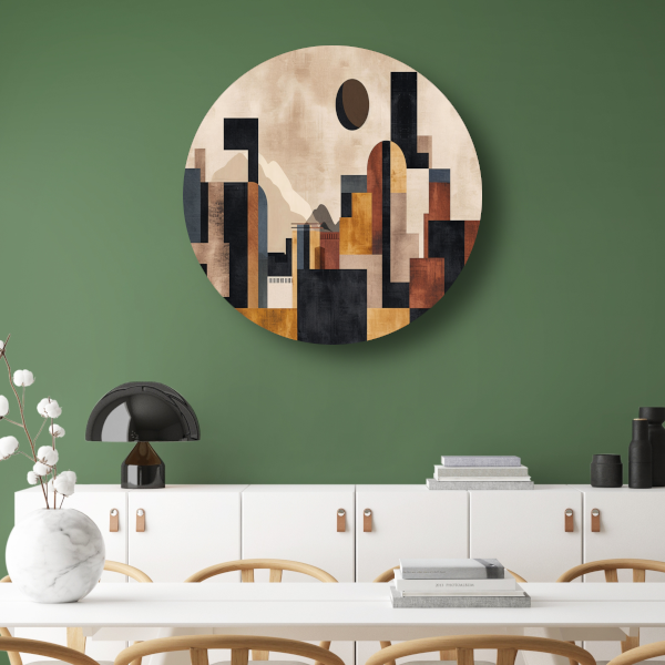 Geometrische Abstracte Skyline in Bruin en Goud aluminium muurcirkel