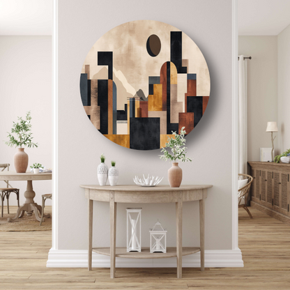 Geometrische Abstracte Skyline in Bruin en Goud aluminium muurcirkel
