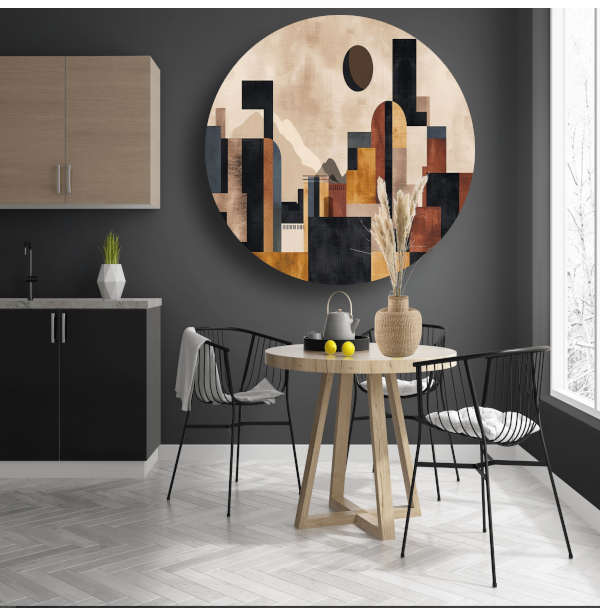Geometrische Abstracte Skyline in Bruin en Goud aluminium muurcirkel