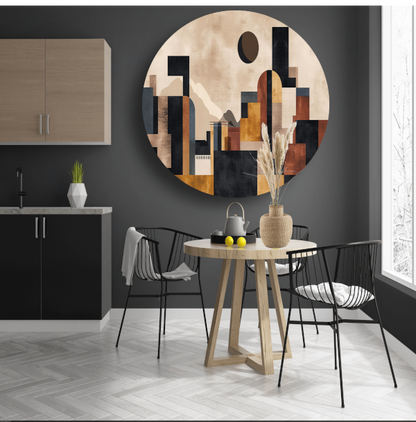 Geometrische Abstracte Skyline in Bruin en Goud aluminium muurcirkel