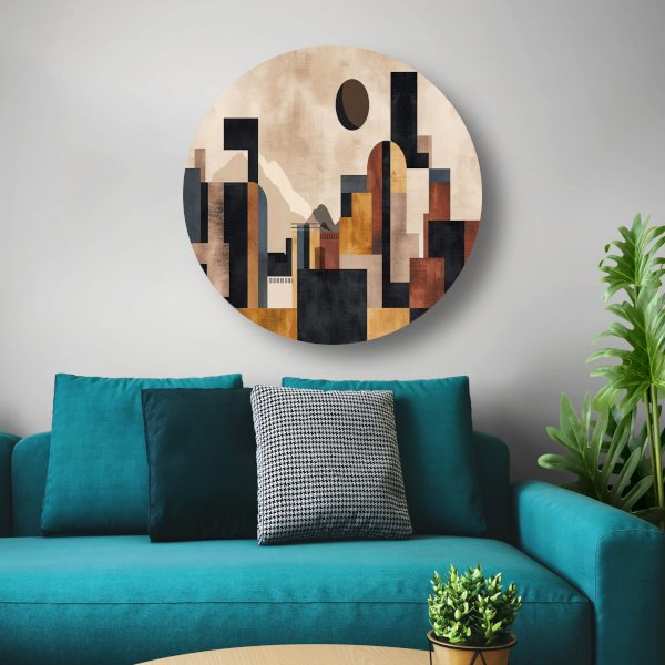 Geometrische Abstracte Skyline in Bruin en Goud aluminium muurcirkel