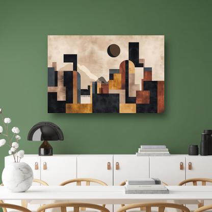 Geometrische Abstracte Skyline in Bruin en Goud canvas