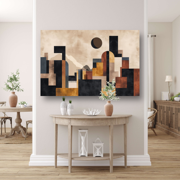 Geometrische Abstracte Skyline in Bruin en Goud canvas