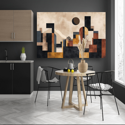 Geometrische Abstracte Skyline in Bruin en Goud canvas