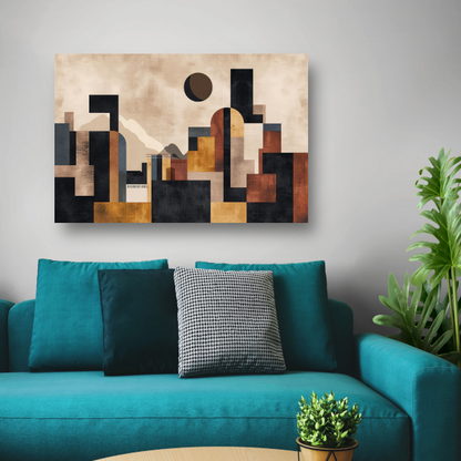 Geometrische Abstracte Skyline in Bruin en Goud canvas