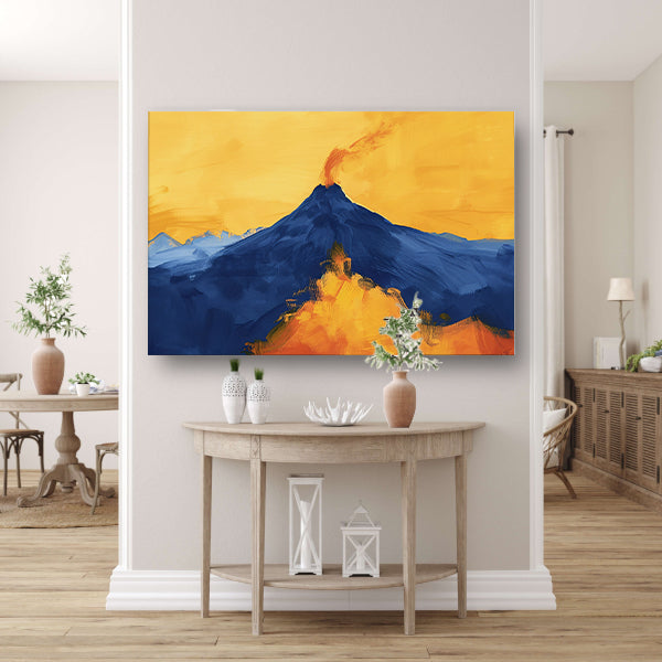 Abstracte schilderij van uitbarstende vulkaan canvas met baklijst