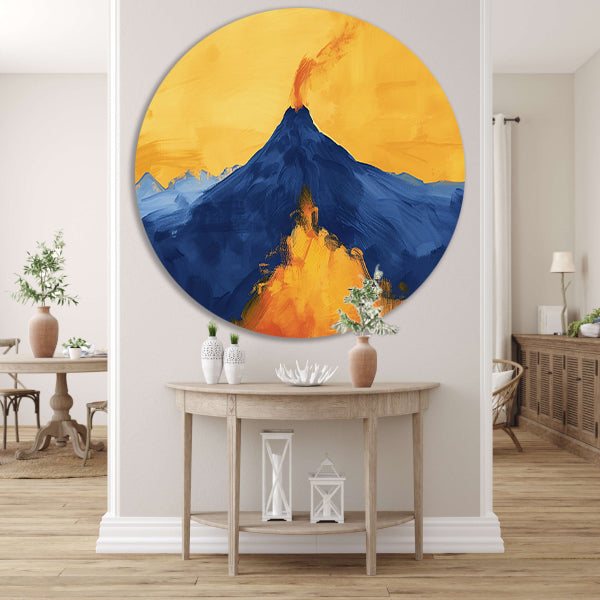 Abstracte schilderij van uitbarstende vulkaan aluminium muurcirkel
