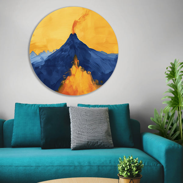 Abstracte schilderij van uitbarstende vulkaan aluminium muurcirkel