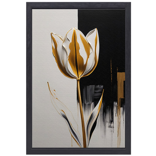 Gouden Tulip Abstractie op Monochrome Achtergrond canvas met baklijst
