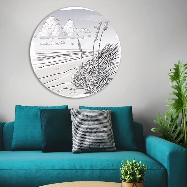 Elegante lijntekening van strandlandschap aluminium muurcirkel