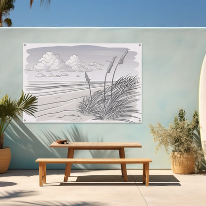 Elegante lijntekening van strandlandschap tuinposter