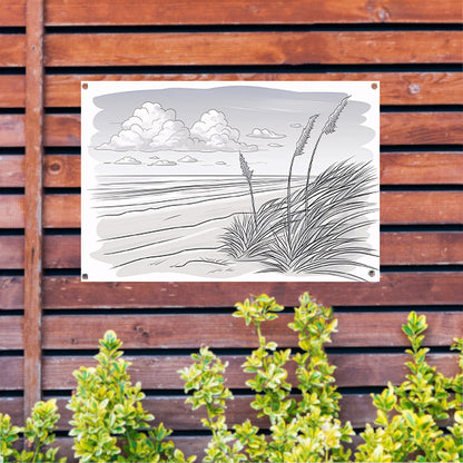 Elegante lijntekening van strandlandschap tuinposter