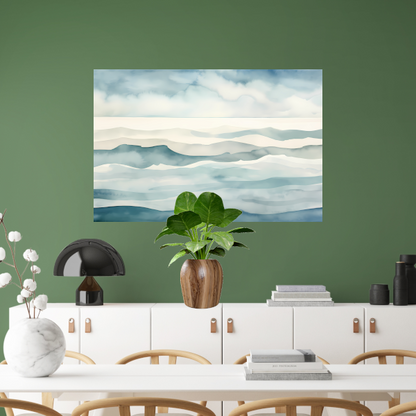 Mistige zee in monochrome blauwtinten canvas met baklijst