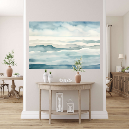 Mistige zee in monochrome blauwtinten canvas met baklijst