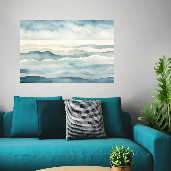 Mistige zee in monochrome blauwtinten canvas met baklijst