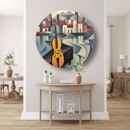 Kubistische interpretatie van stad en muziek aluminium muurcirkel