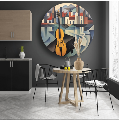 Kubistische interpretatie van stad en muziek aluminium muurcirkel