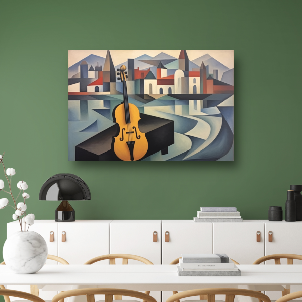 Kubistische interpretatie van stad en muziek canvas met baklijst