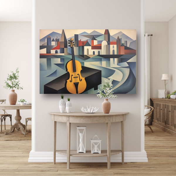 Kubistische interpretatie van stad en muziek canvas met baklijst