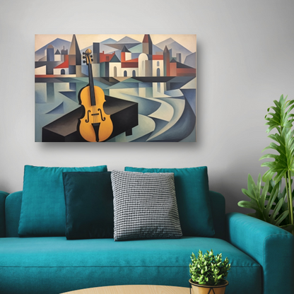 Kubistische interpretatie van stad en muziek canvas met baklijst