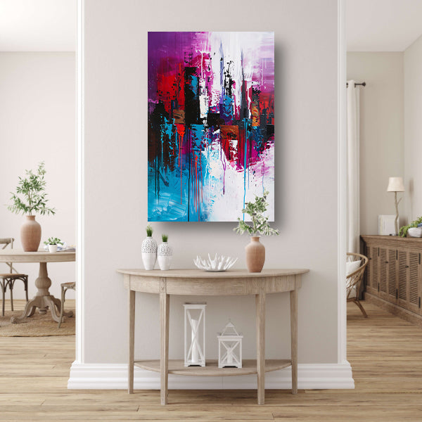 Dynamisch abstract stadsgezicht in felle kleuren acrylglas