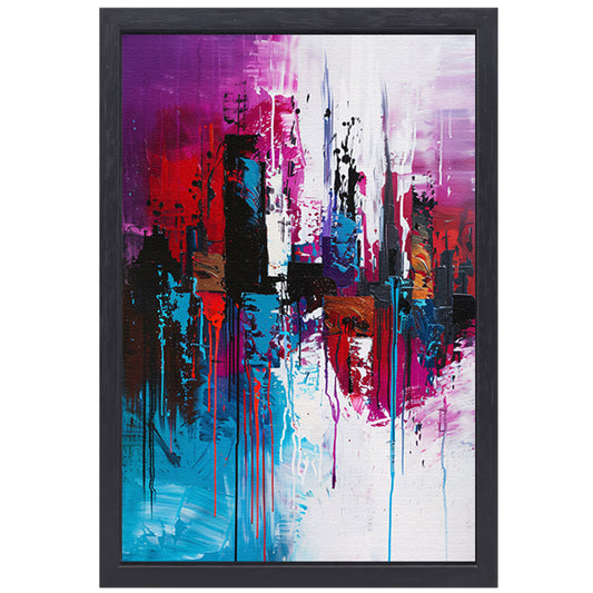Dynamisch abstract stadsgezicht in felle kleuren canvas met baklijst