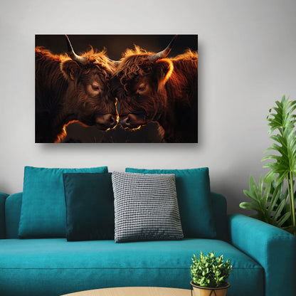 Twee Schotse Hooglanders bij zonsondergang poster