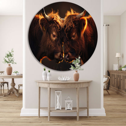 Twee Schotse Hooglanders bij zonsondergang aluminium muurcirkel