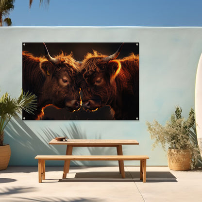 Twee Schotse Hooglanders bij zonsondergang tuinposter