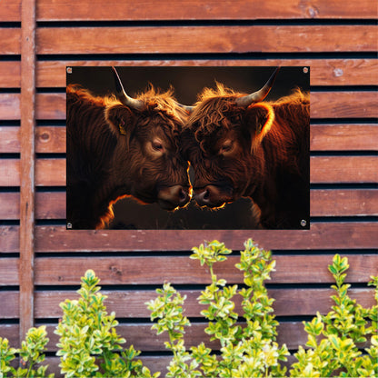 Twee Schotse Hooglanders bij zonsondergang tuinposter