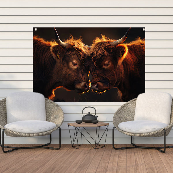 Twee Schotse Hooglanders bij zonsondergang tuinposter