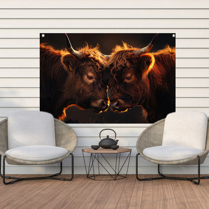 Twee Schotse Hooglanders bij zonsondergang tuinposter