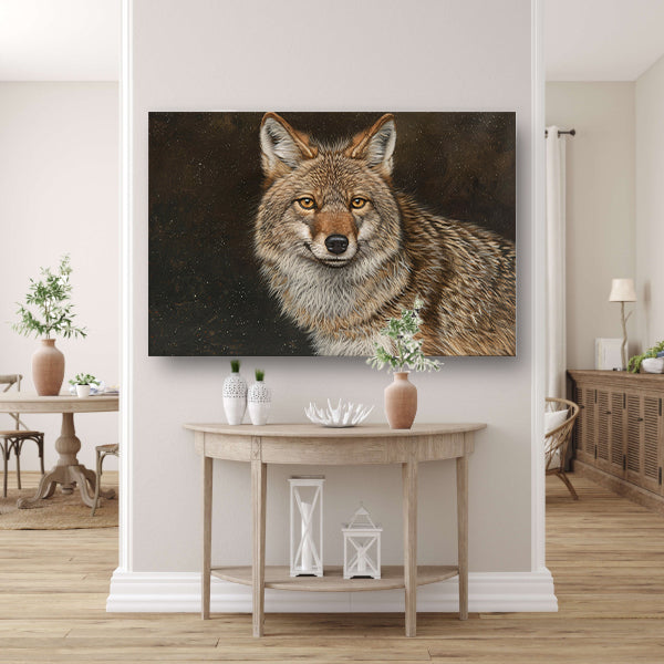 Gedetailleerd realistisch schilderij van een coyote canvas met baklijst