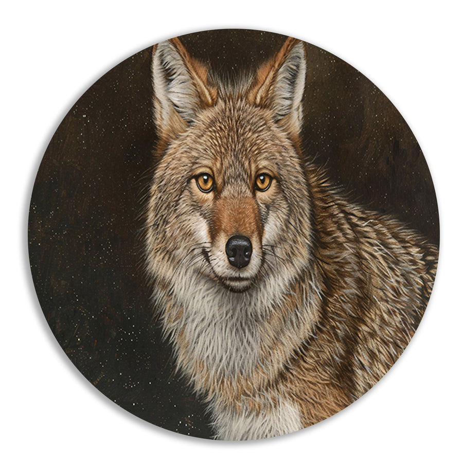 Gedetailleerd realistisch schilderij van een coyote aluminium muurcirkel