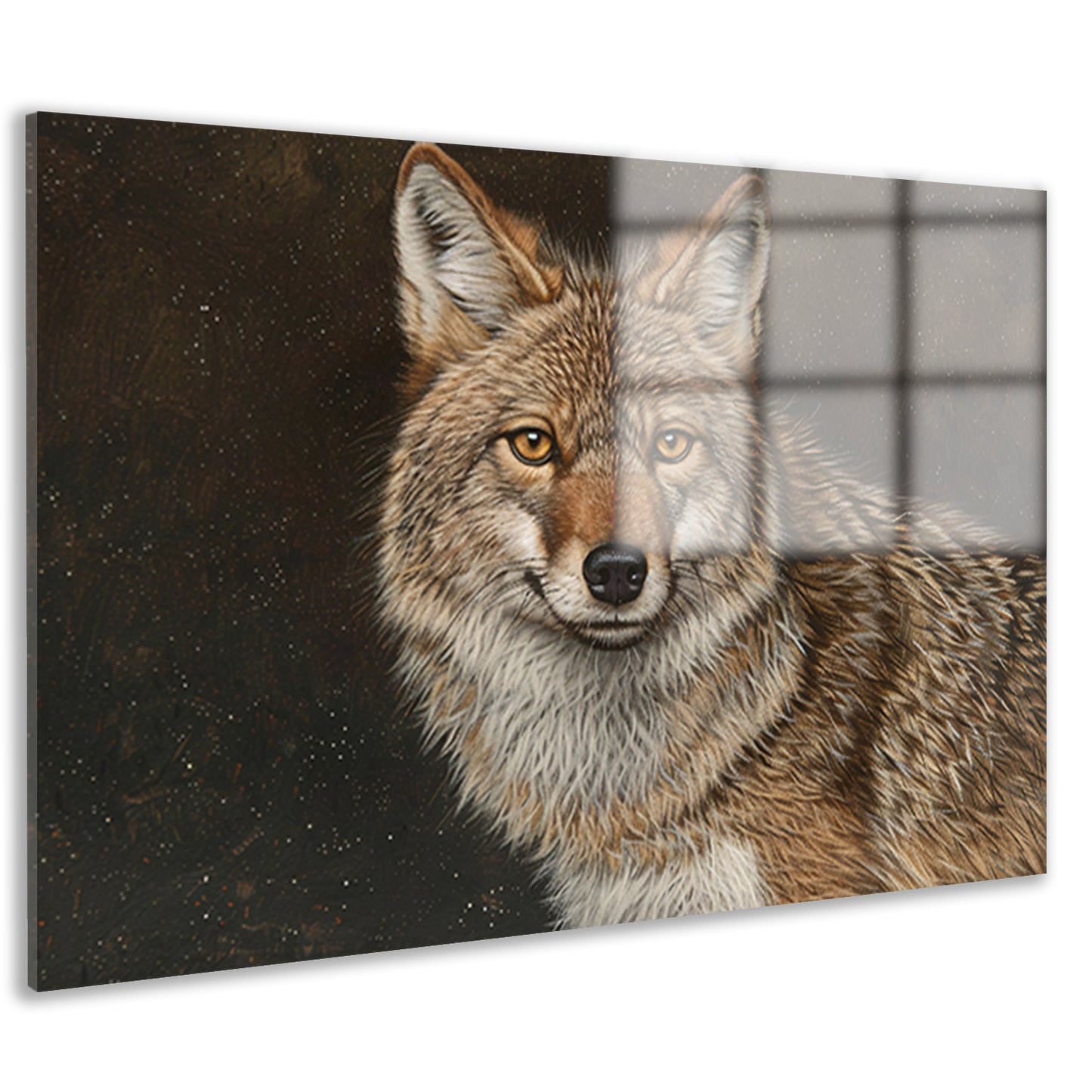 Gedetailleerd realistisch schilderij van een coyote acrylglas