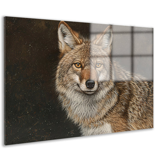 Gedetailleerd realistisch schilderij van een coyote acrylglas