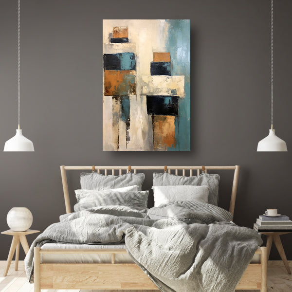 Minimalistische lijnencompositie in rood, blauw en geel poster