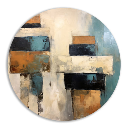 Minimalistische lijnencompositie in rood, blauw en geel aluminium muurcirkel
