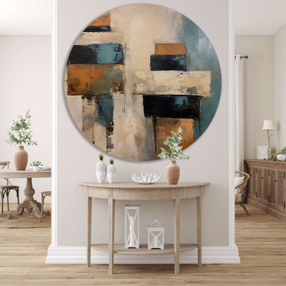 Minimalistische lijnencompositie in rood, blauw en geel aluminium muurcirkel