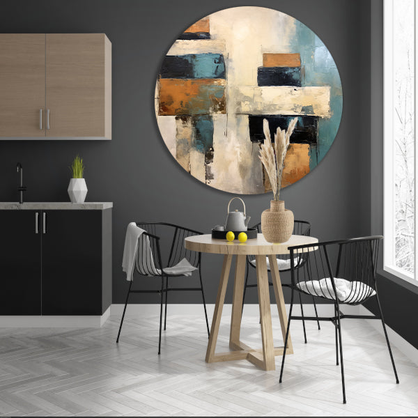 Minimalistische lijnencompositie in rood, blauw en geel aluminium muurcirkel