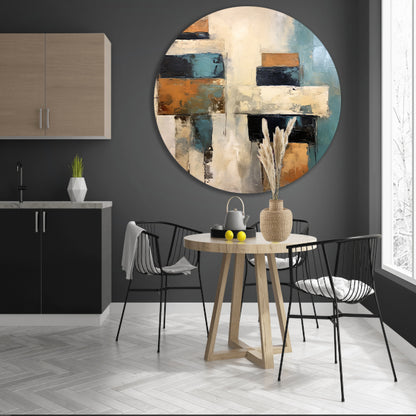 Minimalistische lijnencompositie in rood, blauw en geel aluminium muurcirkel