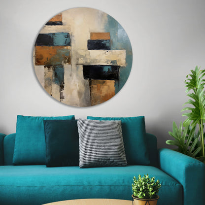Minimalistische lijnencompositie in rood, blauw en geel aluminium muurcirkel