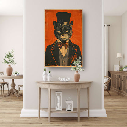 Retro Kat met Hoge Hoed en Strikje canvas