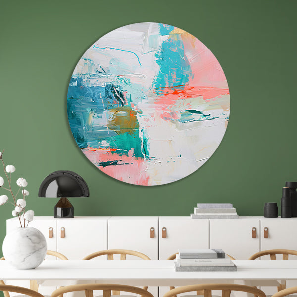 Abstract schilderij met dynamische kleuren aluminium muurcirkel