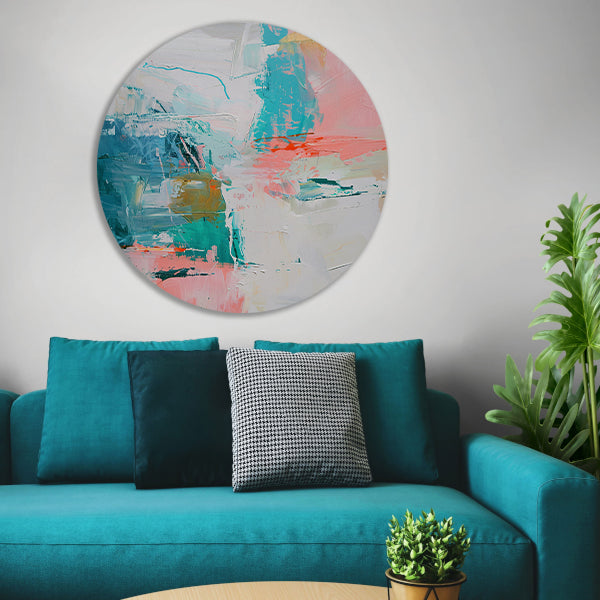 Abstract schilderij met dynamische kleuren aluminium muurcirkel