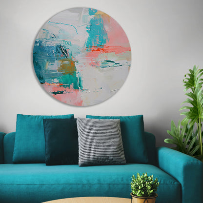 Abstract schilderij met dynamische kleuren aluminium muurcirkel