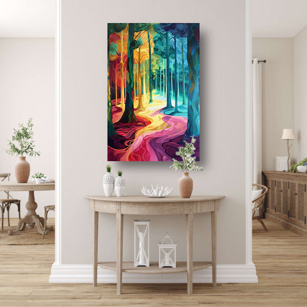 Kleurrijk en surrealistisch boslandschap schilderij acrylglas