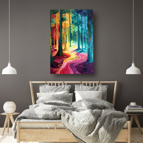 Kleurrijk en surrealistisch boslandschap schilderij acrylglas