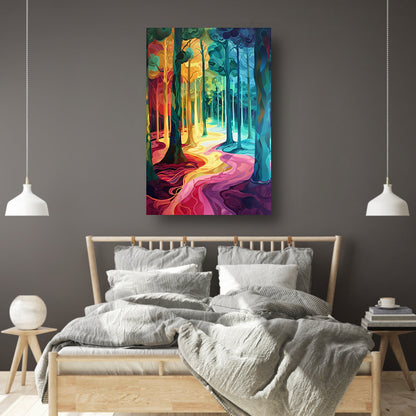 Kleurrijk en surrealistisch boslandschap schilderij canvas met baklijst