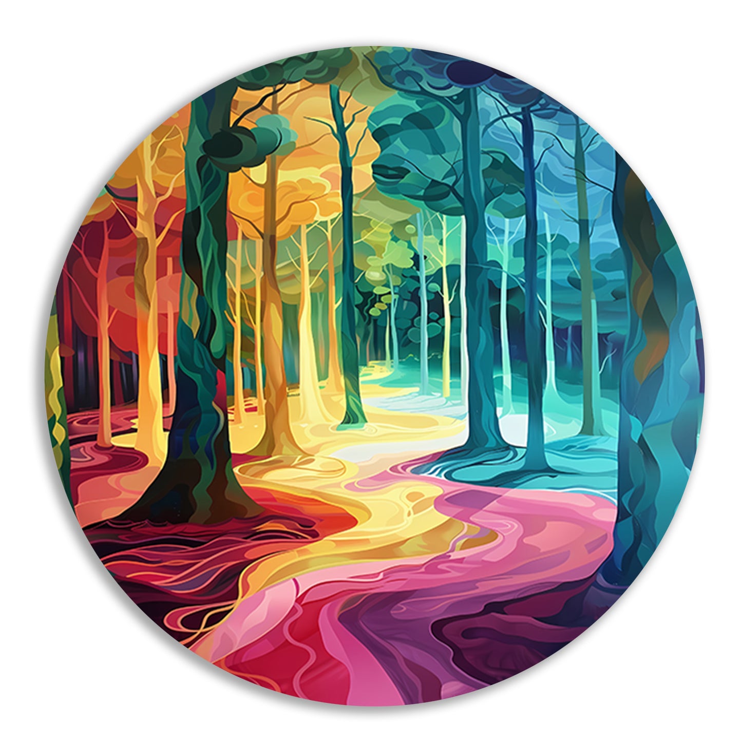 Kleurrijk en surrealistisch boslandschap schilderij forex muurcirkel
